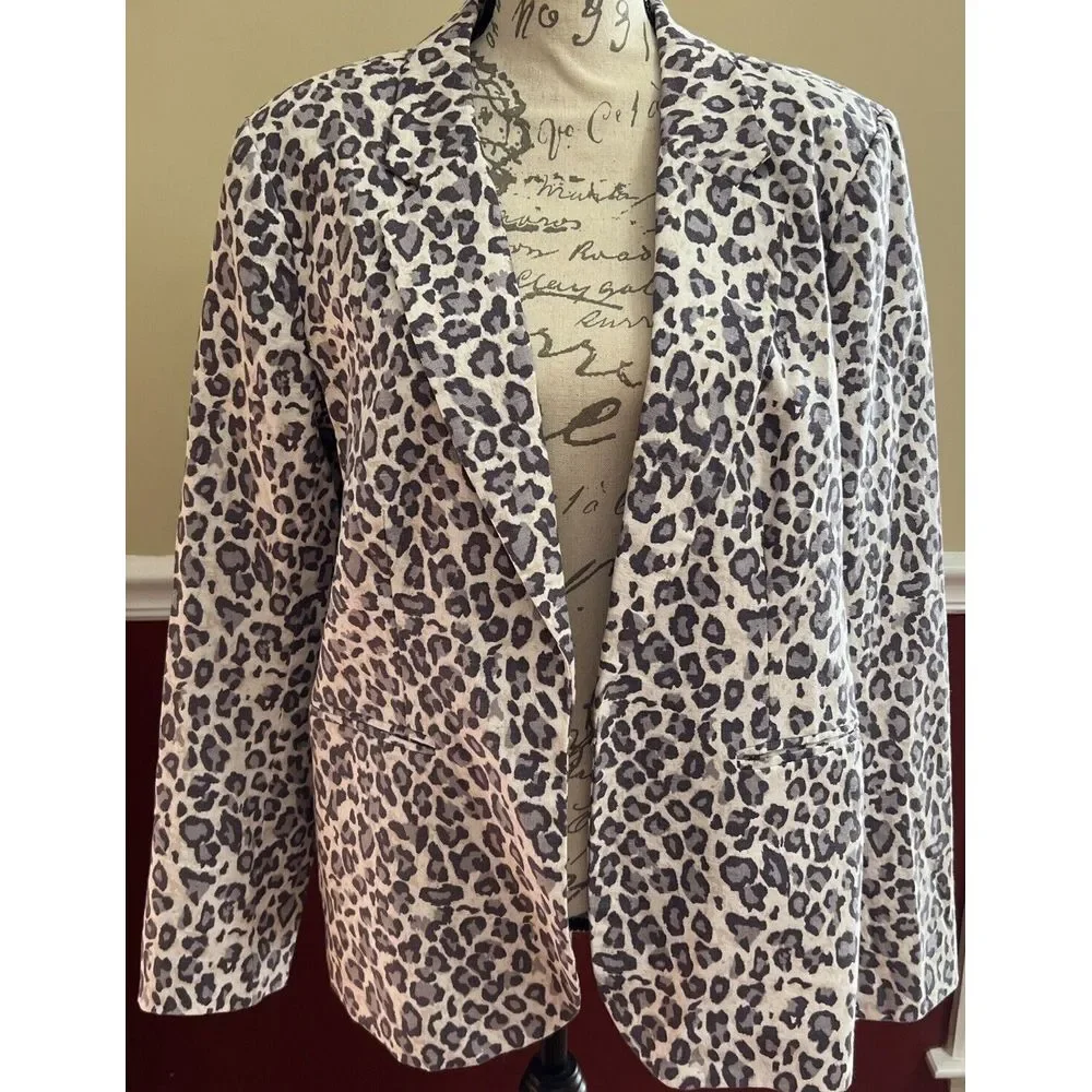 New Rachel Zoe Jacket Womens Beige Gray Leopard Print Blazer Linen Blend Size XL